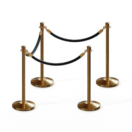 MONTOUR LINE Stanchion Post and Rope Kit Sat.Brass, 4 Crown Top 3 Black Rope C-Kit-4-SB-CN-3-PVR-BK-PB